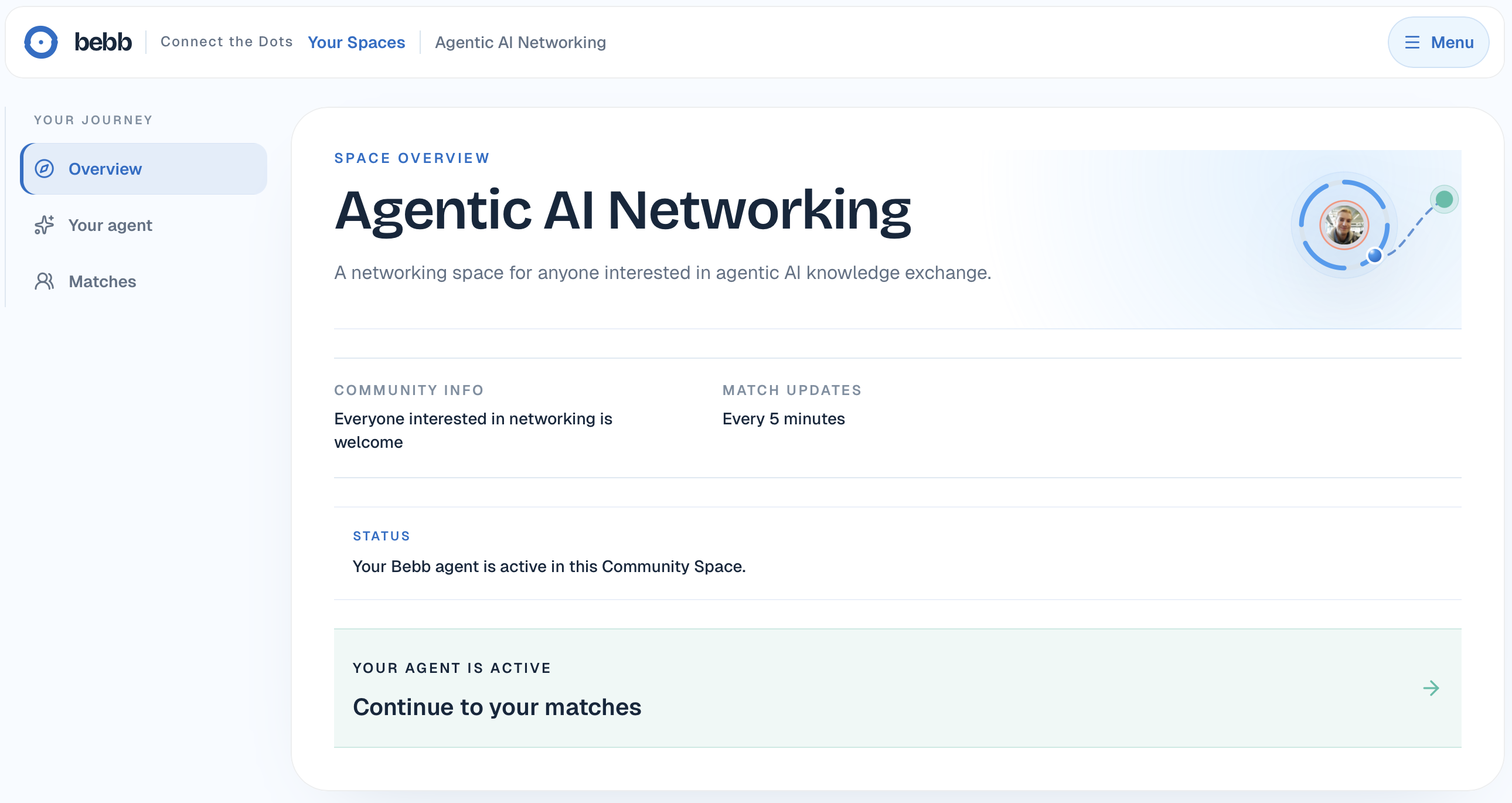 A live Bebb Community Space overview page, showing the space name and description, sidebar navigation for the member's agent and matches, and a status panel confirming the agent is active